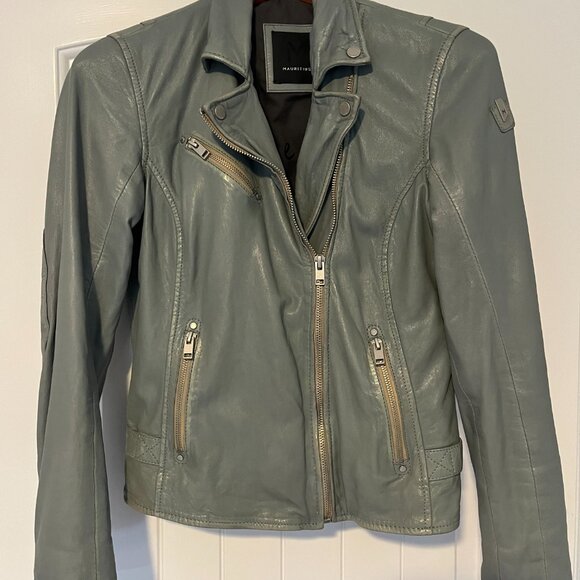 Women's lambskin leather moto jacket in grey/blue size small - Picture 3 of 3